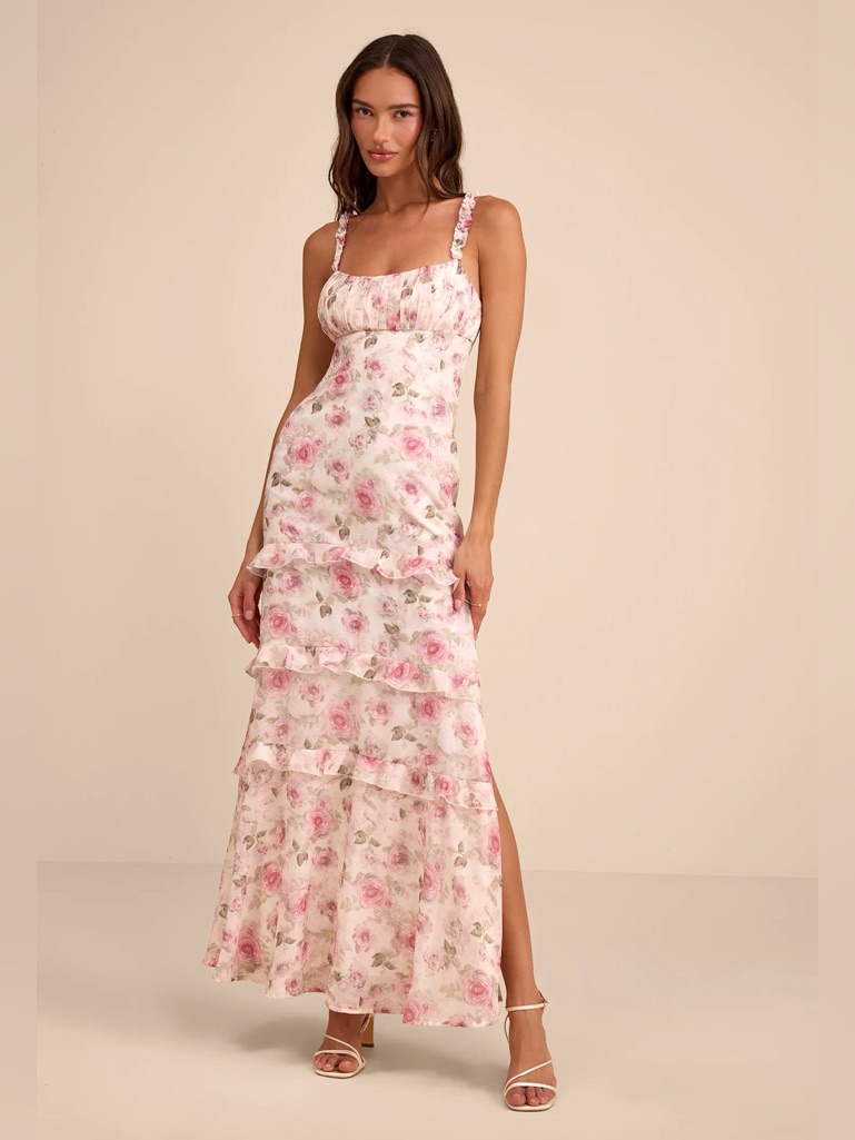 Lulus Remiette Cream Floral Ruffled Empire Waist Maxi Dress White - Size M